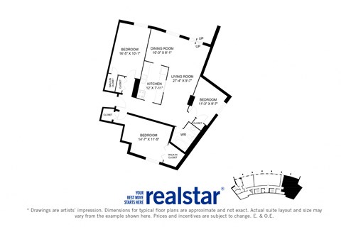 Harbourview Apartments 3-bedroom, 1-bath layout variation A in Oakville, ON